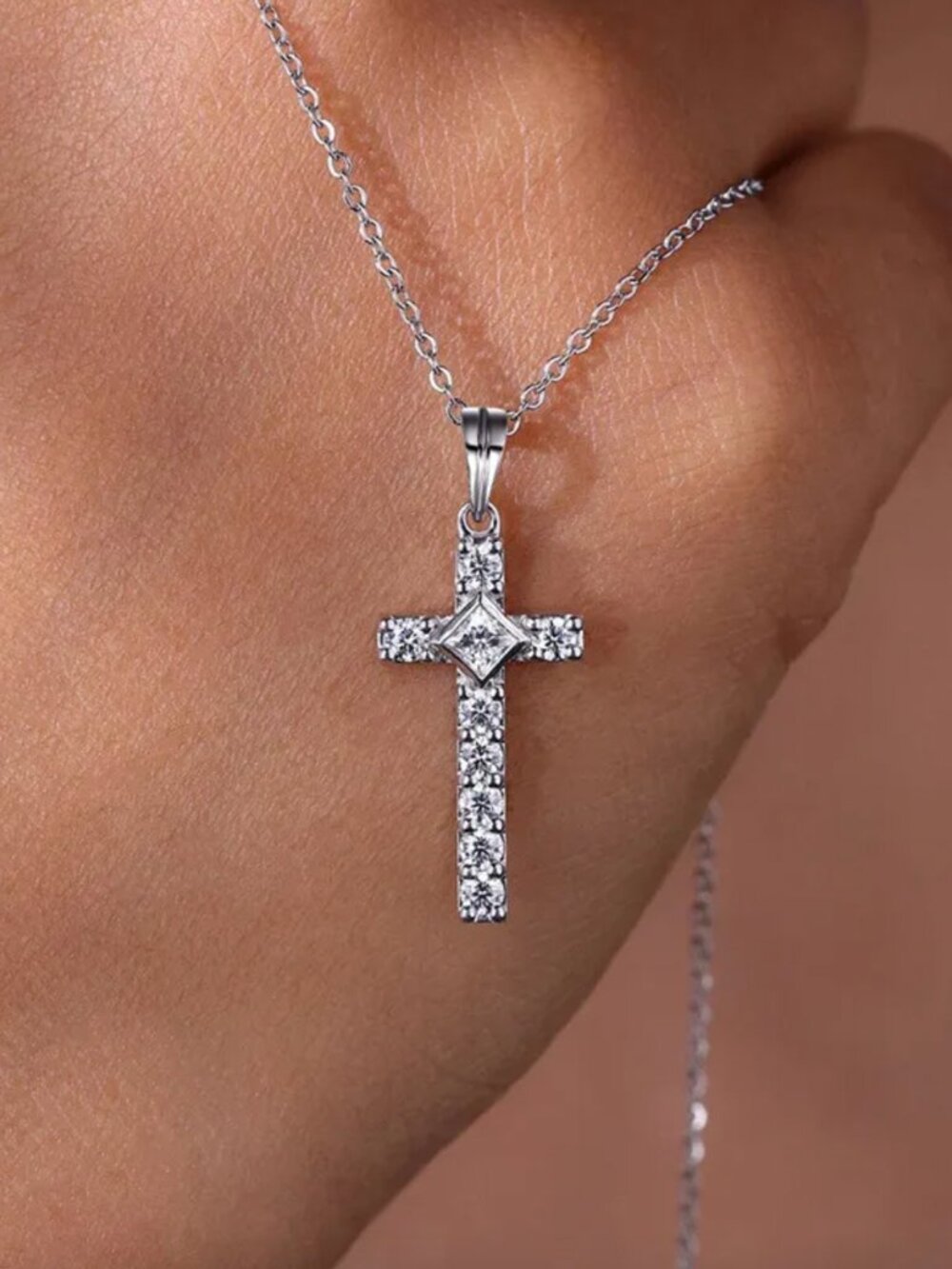 NEW 925 Sterling Silver Diamond Cross Necklace